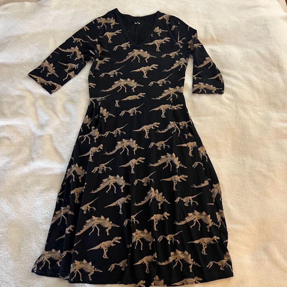 Svaha Dress Dinosaur Fabric, Fit and Flare, 100% Organic Cotton, Size XS-S